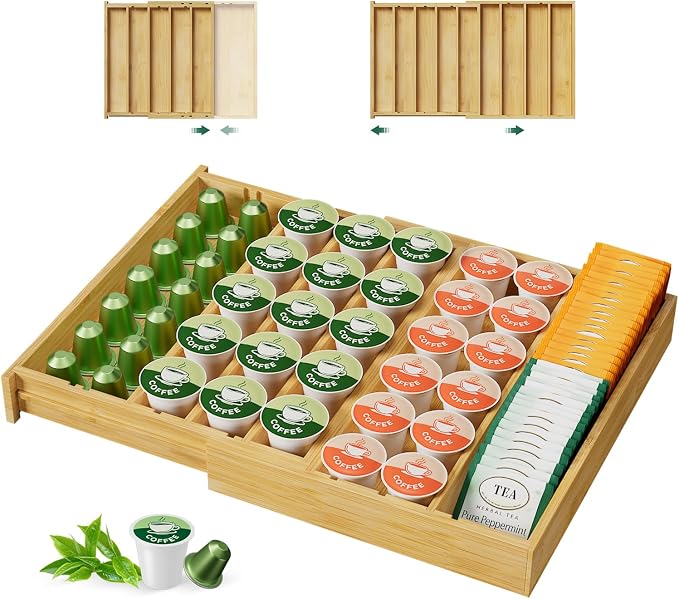 EsLuker.ly Bamboo Coffee Pod K Cup Holder Organizer for Drawer Insert Counter, Expandable Coffee Tea Storage Tray Compatible with Nespresso Vertuo Capsules - Easy Access for Office Home Kitchen