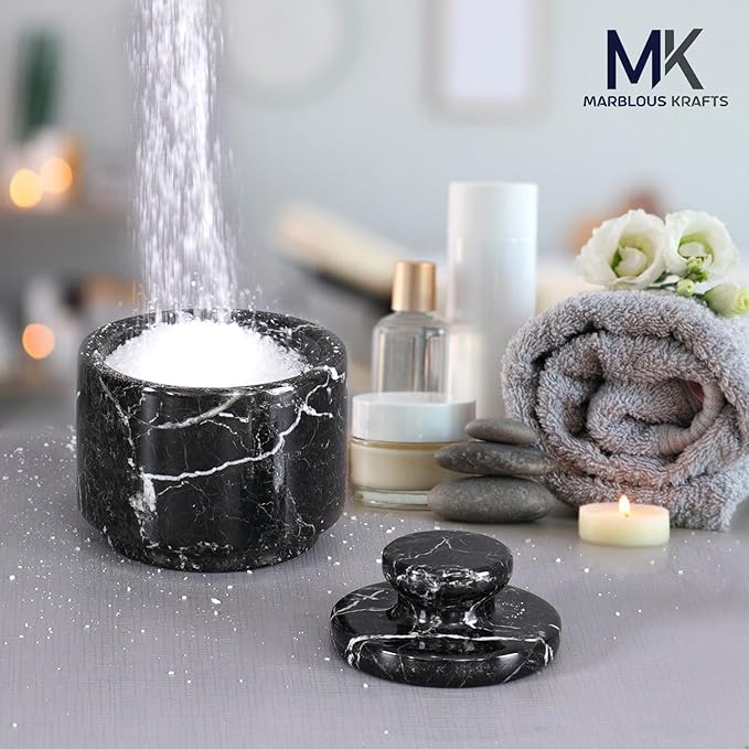 MARBLOUS KRAFTS Marble Salt Cellar 3" Black Zebra Stone salt dish, Sugar, Seasoning salt containers for Countertop, Modern salt holder with lid, Kitchen Spice Jar