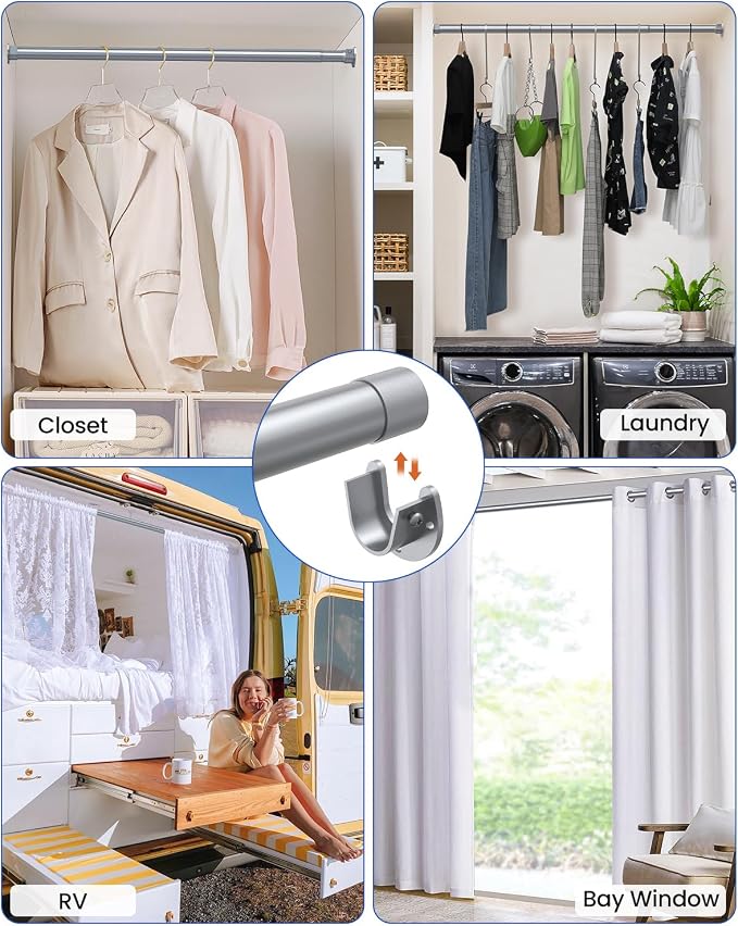 Supforce Closet Rods for Hanging Clothes, 17 to 54 Inches Stepless Adjustable Metal Closet Rod, 1.3 Inches Heavy Duty Clothes Hanging Rod for Closet Wardrobes Laundry RV, Silver