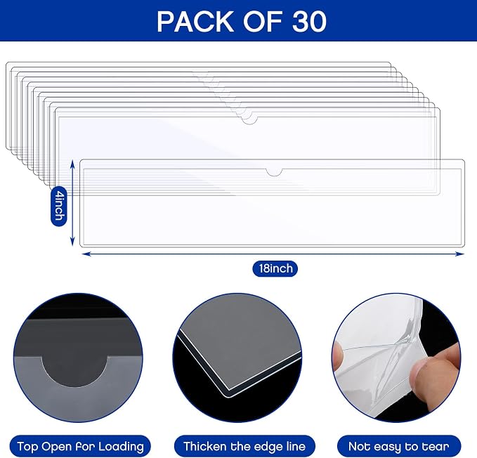 Chinco 60 Pcs Self Adhesive Pockets, Bin Labels for Storage Bins, Clear Pocket Label Sleeves, Plastic Index Card Holder with Top Open for Organizing Bins Box Drawer (18 x 4 Inches)