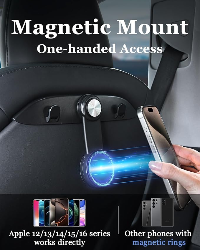 1 Pack Car Seat Hooks & Magnetic Phone Holder for Tesla Model Y(Juniper) Model 3(Highland) Accessories 2026 2025 2024 2023 2022 2021, Car Seat Back Storage Purse/Bag/Hat Hook for iPhone