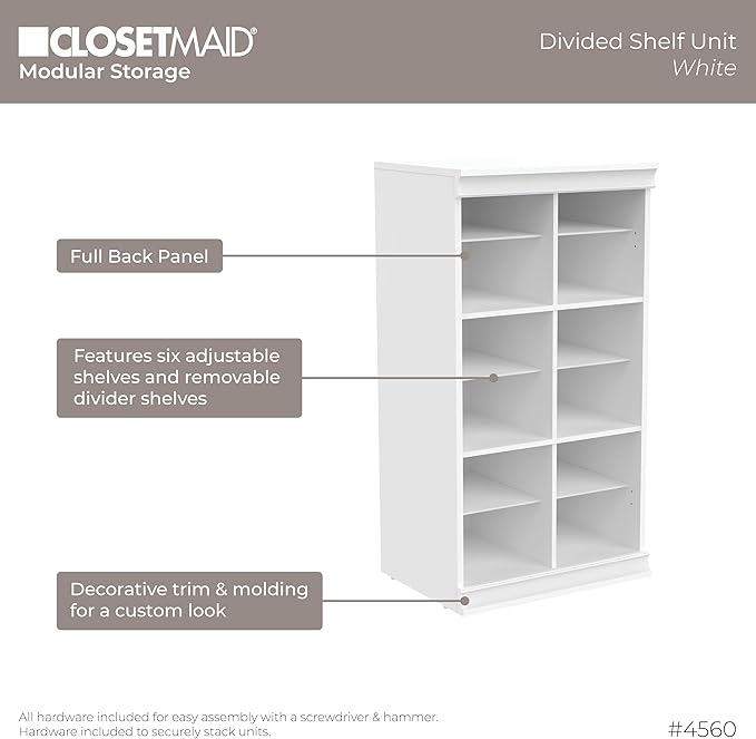 ClosetMaid Modular Storage Shelf Unit with 12 Adjustable Shelves & Dividers, White