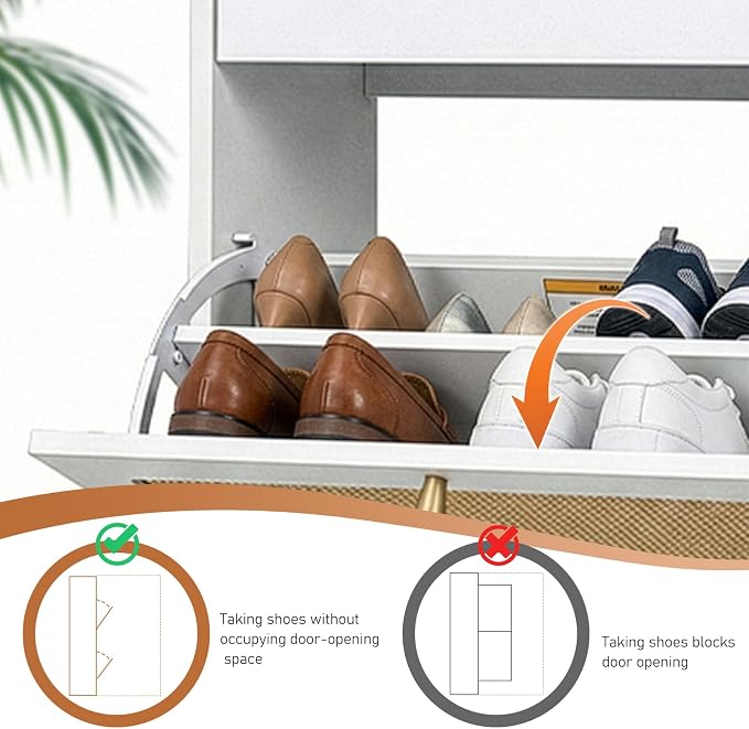 Karl home White Rattan Shoe Cabinet, 3-Tilt-Out Entryway Storage Organizer | Hidden Shoe Rack with 3 Tilt-Out Compartments for Heels, Slippers and Casual Shoes, Space Saving Entryway Furniture