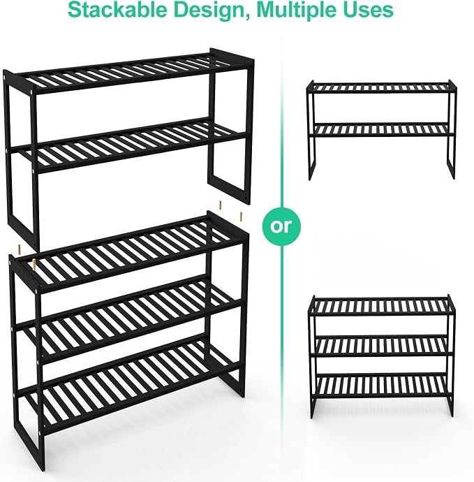Jripae 5 Tier 32.5*10.5*30.3in Bamboo Shoe Rack for Closet Entryway Bedroom | Stackable Shoe Shelf Holder for Men/Women Hallway/Garage, Bookshelf, Flower Rack, Home Space Saving