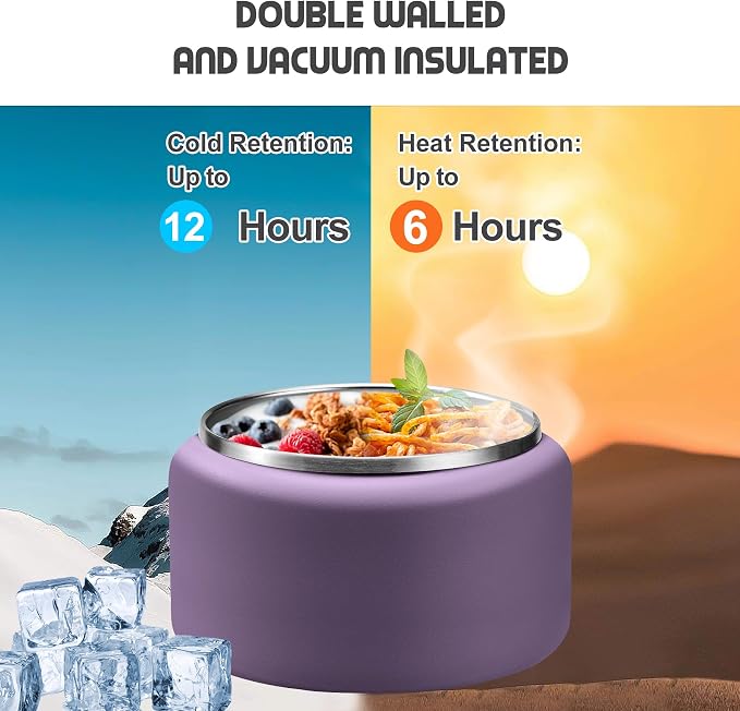 BOSEDSANG 13.5oz Soup Thermo for Hot Food Kids with Buckle Lid Insulated Vacuum Food Jar Wide Mouth Leakproof Stainless Steel Lunch Container -Purple
