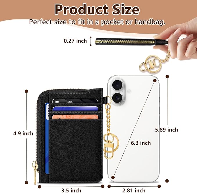 GIANCOMICS Slim Wallet Credit Card Holder Women, Rfid Blocking Black Small Card Case, Keychain Thin Pocket Curved Zipper Wallet, Travel Card Holder PU Leather ID Window, Ladies Female Gifts