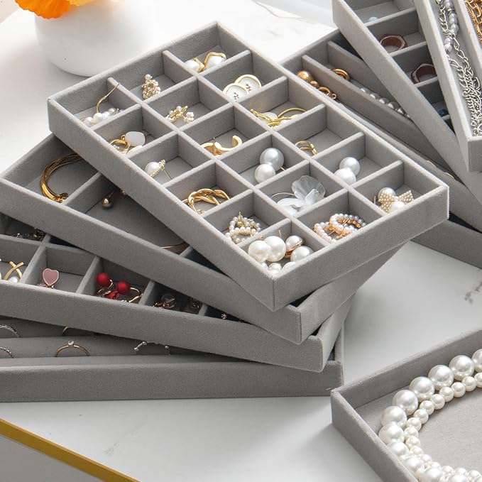 SPAKOWN Jewelry Trays Organizer for Drawer, 9 Set of Small Jewelry Display Case Storage Velvet Stackable Drawer Inserts Organizer for Necklaces Bracelets Earrings Rings (Grey)