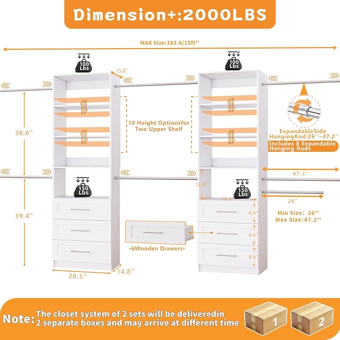 Closet System with 6 Drawers, 5FT-15FT Custom Closet Organizer System Modular Walk in Closet Storage Wooden System with 8 Expandable Hanging Rods Adjustable Shelves 2 Sets White