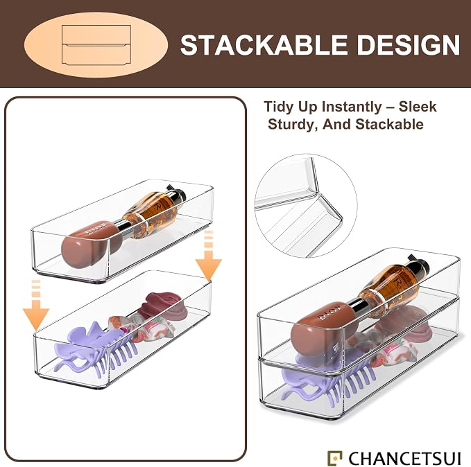 CHANCETSUI Clear Acrylic Drawer Organizer Storage: Stackable Plastic Storage Tray for Makeup and Personal Care, 4 Pieces, 3x9 Inch