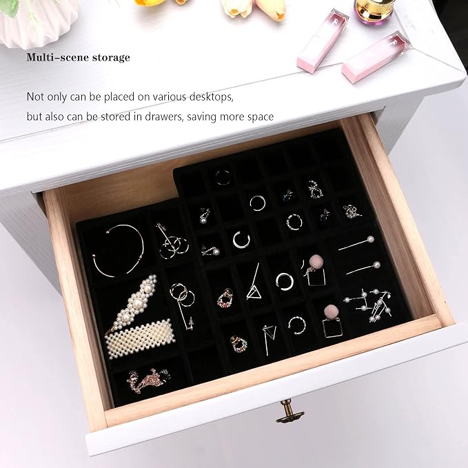 Stackable Jewelry Organizer Trays for Drawer, Set of 4 Velvet Jewelry Drawer Inserts in Dresser, 8in Storage Display Case for Rings Stud Necklaces Accessories(Black)
