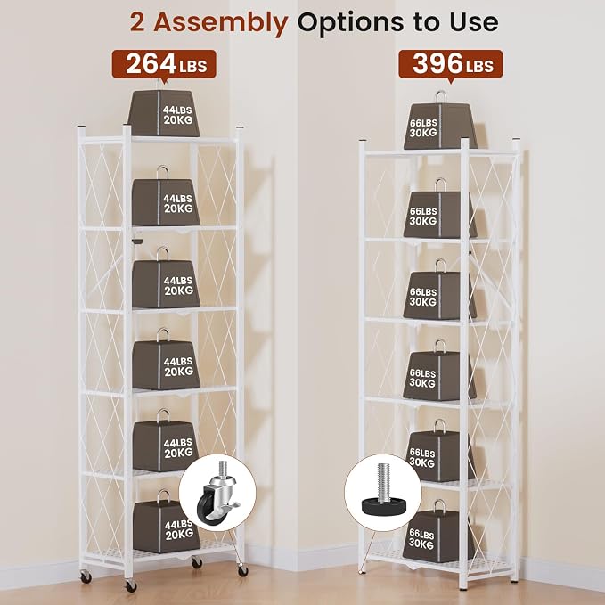 ALANNG 73.6 Inch Folding Bookshelf, 6 Tier Metal Bookcase and Bookshelves | Tall Shelves for Living Room Office Bedroom, Heavy Duty Book Shelve Free Standing Open (White, 4PACK)