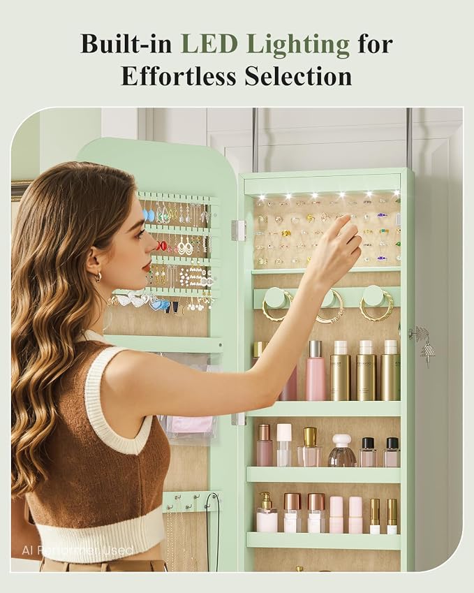 LVSOMT 6 LEDs Mirror Jewelry Cabinet Door Hanging, 42.5", Lockable, Green | Jewelry Organizer with Full Length Mirror, Wall Mounted Large Jewelry Storage for Earrings, Rings, Necklaces