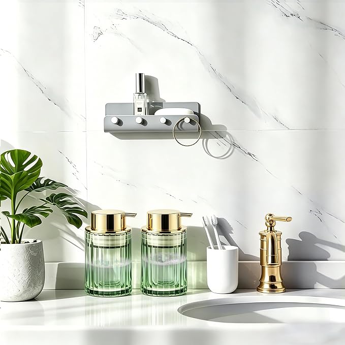 Foaming Hand Soap Dispenser, 8oz Refillable Sage Green Glass with Gold Pump, for Liquid Soap or Lotion, Vertical Ribbed Decor for Bathroom Vanity, Kitchen, Commercial Use - 2 Pack