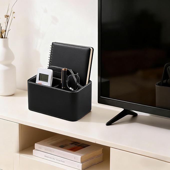 PU Leather Remote Control Holder, Desk Caddy Organizer with Handle Beige | 3 Compartments Portable Remote Organizer, Remote Caddy Bedside Holder for Office Storage Supply Organizer
