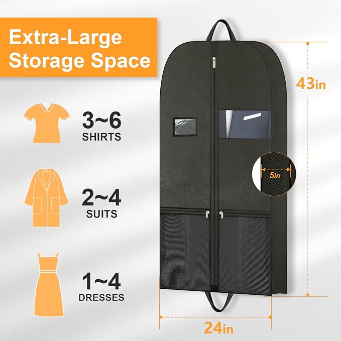 Travel Garment Suit Bag for Hanging Clothes 43", Suit bags for Closet Storage with Pockets Gusseted Garment bag for Men Suits Shirts Tuxedos Dresses Coats, Suit Cover Bags With Handles and Zipper