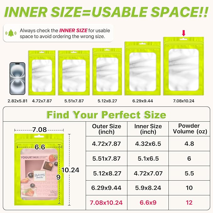 100 PCS Resealable Mylar Bags with Frosted Clear Window Bags Packaging Bag Foil Pouch Zipper Bag for Food Self Sealing Storage Supplies (7.08x10.24, Green)