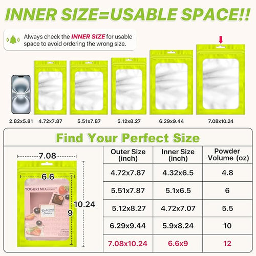 100 PCS Resealable Mylar Bags with Frosted Clear Window Bags Packaging Bag Foil Pouch Zipper Bag for Food Self Sealing Storage Supplies (7.08x10.24, Green)