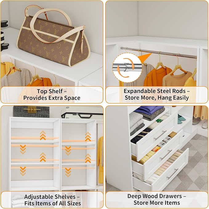 Closet System with 4 Sets, 8.5FT-21.5FT Corner Closet Organizer System with 9 Drawers & 12 Shelves & 8 Hanging Rods, Custom L-Shaped Modular Walk-in Closet Organizers and Storage System Corner, White