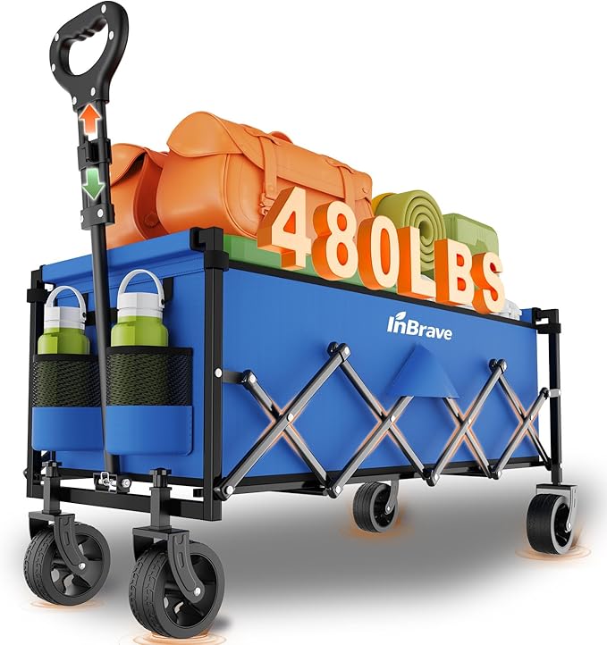 Extra Long Collapsible Wagon Cart, 480LBS Heavy Duty Utility Wagons with All-Terrain Wheels, Foldable Grocery Carts for Gardening, Shopping, Beach, Camping, Royal Blue