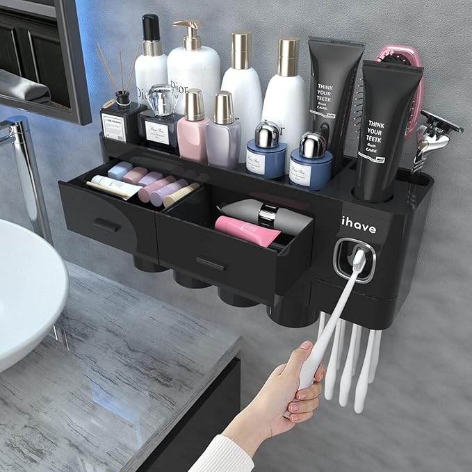 iHave Toothbrush Holders Wall Mounted with Toothpaste Dispenser & 4 Cups | All-in-One Bathroom Organizer: 4 Cups, 7 Slots, Toothpaste Dispenser, Large Tray & Drawer. Wall Mount, No Drilling Required