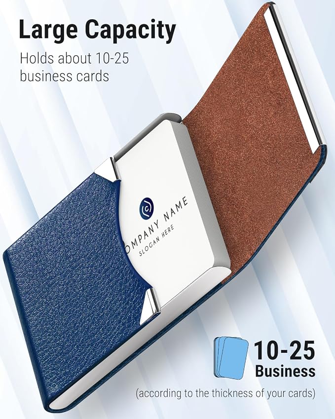 MaxGear Business Card Holder, PU Leather & Stainless Steel Business Card Case for Men or Women, Slim Name Cards Holder RFID Blocking Credit Cards Carrier with Magnetic Closure, Blue