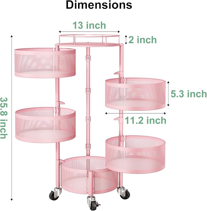 SAYZH Fruit Vegetable Basket for Kitchen, Rotating Storage Rack, 5 Tier Rolling Cart with top lid, Large Metal Wire Wheels, Pink