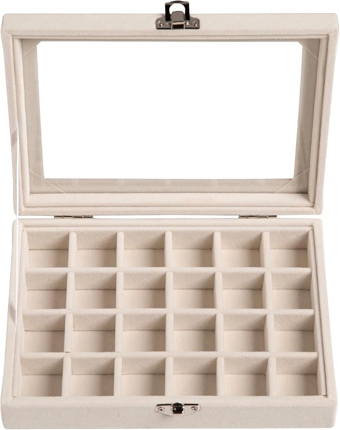 Frebeauty 24 Grid Earring Organizer,Small Velvet Jewelry Tray with Lid | Portable Jewelry Box for Rings Stud,Velvet Lining for Protecting Jewelry,Adjustable Dividers,Glass Lid for Clear Review