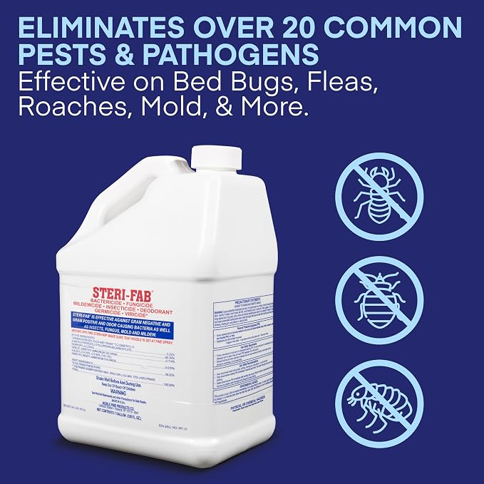 Steri-fab All-in-One Disinfectant & Insecticide Spray, 1 Gallon Jug | Kills Bed Bugs, Fleas, Mites, Roaches, Viruses, Fungi, & Odors, Quick-Drying, Non-Residual