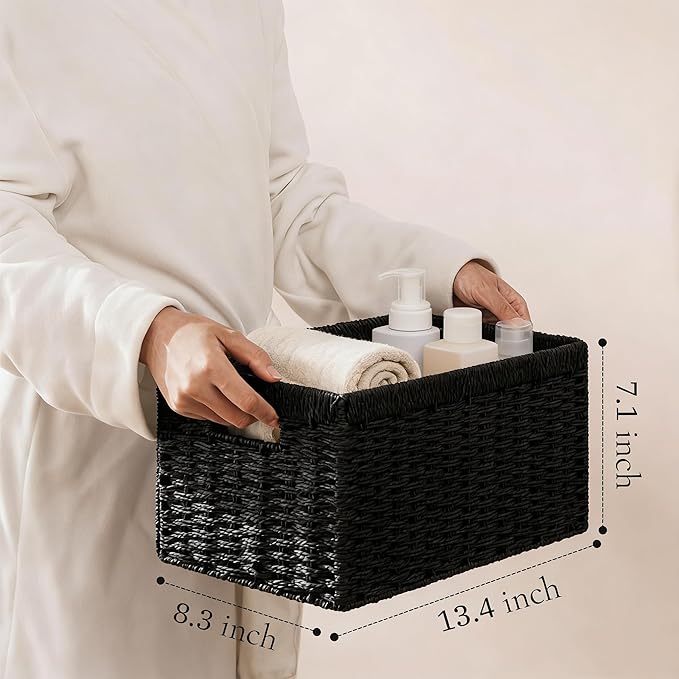 joybest Black Wicker Baskets for Shelves, 13.4L x 8.3W x 7.1H inch Hand-woven Storage Baskets for Pantry Organizing, Foldable Rectangular Bin with Handles, 2-pack