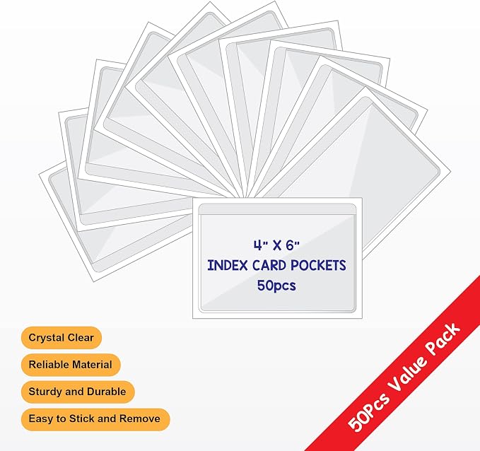 IMAGAME Clear Adhesive 4" x 6" Index Card Pockets, Labels Holders, 50 Pack | Top Open for Loading, Plastic Labels Holders, For Storage Bins and Library Card, Organizing and Protecting Cards, Photos