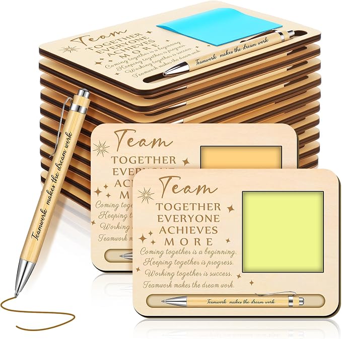Kosiz 10 Set Back to School Teacher Team Gifts Bulk Team Together Wooden Sticky Note Holder with Notes and Ballpoint Pens Appreciation Thank You Gift for Teacher Back to School Party Supplies