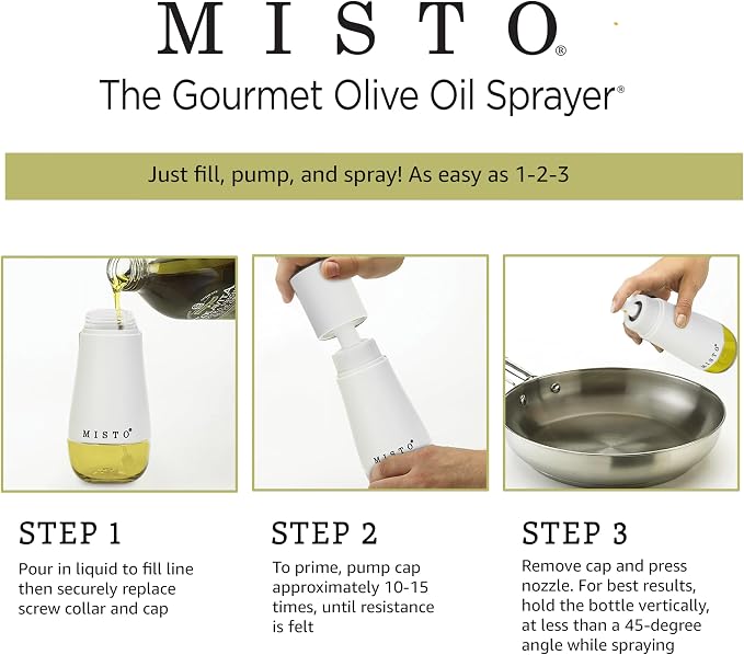 Misto Gourmet Olive Oil Sprayer for Cooking - Refillable Plastic Oil Mister Bottle for Kitchen, Salads, Grilling, Roasting, Air Fryer - White