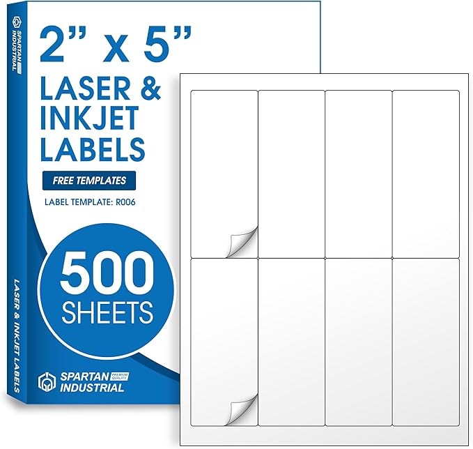2" X 5" Matte White Printable Shipping Labels (500 Sheets, 4000 Stickers) Address and Mailing Labels for Laser & Inkjet Printers - Spartan Industrial Template R006