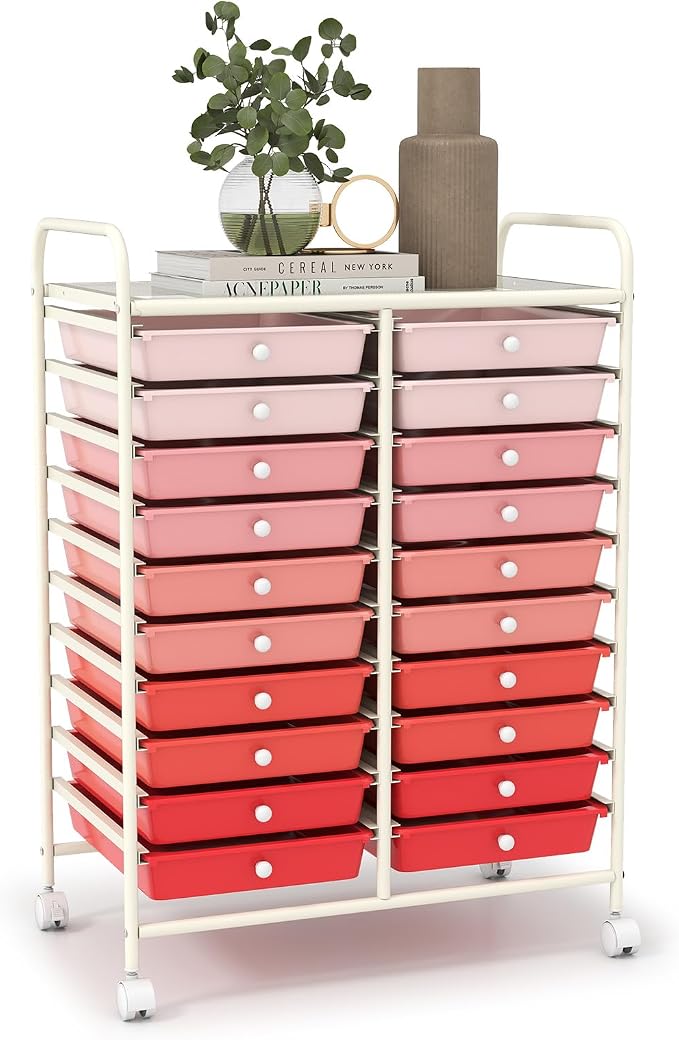 LDAILY 20-Drawer Rolling Storage Cart, Rolling Storage Cart, Storage Organizer on Wheels, Metal Frame, Scrapbook Paper Tools, Suitable for Office School, Classroom (Gradient Pink, 20 Drawer)
