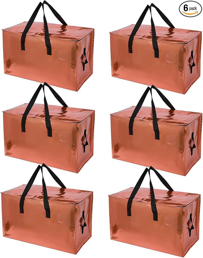 6 Pack Moving Bags Heavy Duty, Extra Large Moving Bags, Moving Supplies, Storage Bags with Handles and Zippers, Waterproof Totes for Storage Saving Packaging Shipping and Travel(Laser Copper)