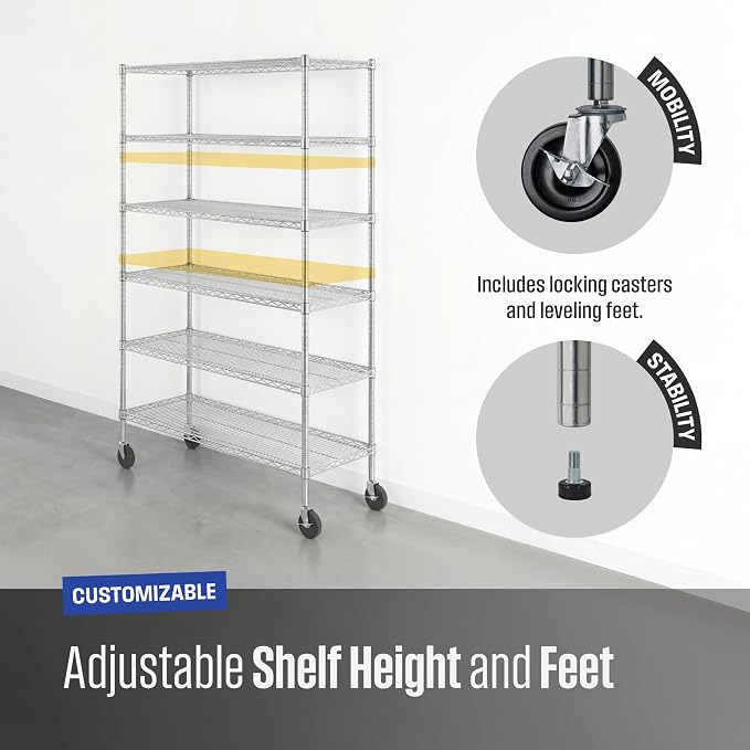 SafeRacks NSF 6-Tier Heavy Duty Steel Wire Rack w/Wheels (18"x48"x72")