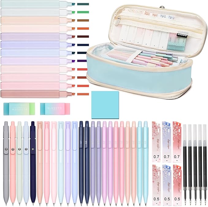 50 PCS Aesthetic School Supplies with Cute Pen Case,12 Pastel Highlighters,5 Black Ink Gel Pens, 12 Mechanical Pencils Set 0.5 & 0.7 mm 6 Color Gel Pens for Students Stationary College Essentials Blue