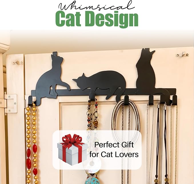 Evelots Over The Door 4 Hook Towel/Coat Rack Hanger Organizer, Kitty Cat Design-Easy No Tool Installation-Black Iron-Holds 20 lbs.