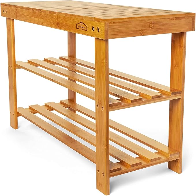 Purawood Bamboo 3 Tier Shoe Rack Bench, Premium Shoe Organizer or Entryway Bench, Perfect for Shoe Cubby, Entry Bench, Bathroom Bench, Entryway Organizer, Hallway or Living Room