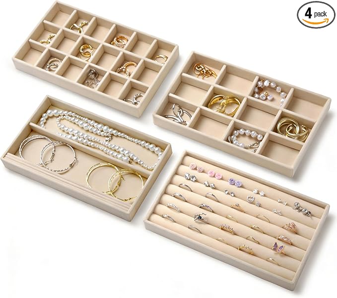 Velvet Jewelry Organizer Trays Set of 4,8.3"x4.9"x0.9",Stackable Storage Drawer Organizers Trays for Earring Ring Necklace Jewelry Display Case(4 Set,Beige)