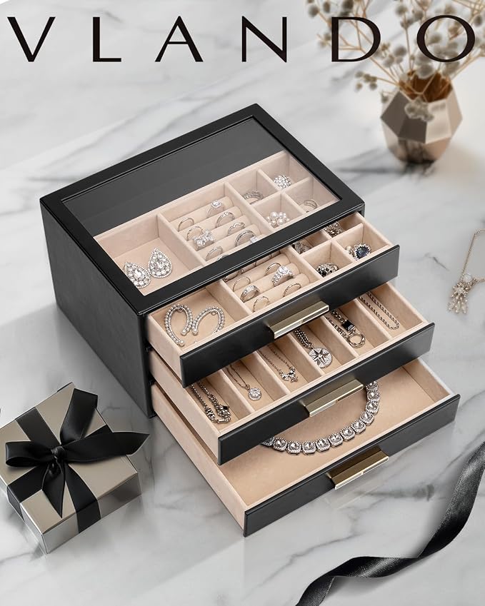 VLANDO Jewelry Box for Women, 3-Layer Jewelry Organizer with Drawers, Glass Lid Display Jewelry Storage, Soft PU Leather Exterior, Contrast Gold Metal Handles, Refined Style - Black