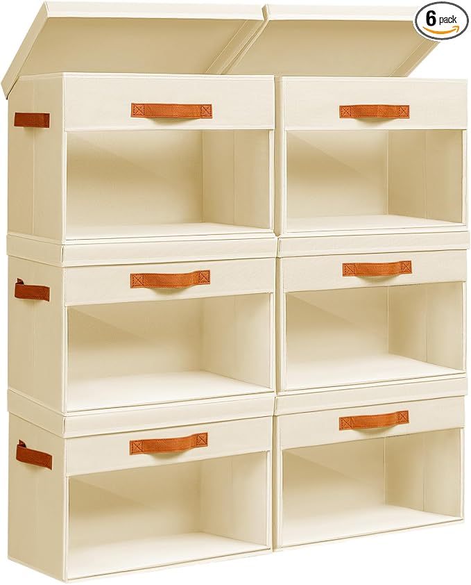Homsorout Large Storage Bins with Lids - 6 Pack Foldable Decorative Organizers with Clear Windows & Handles, Cube Storage Organizers for Clothes, Blankets, Sweaters, CD, Beige