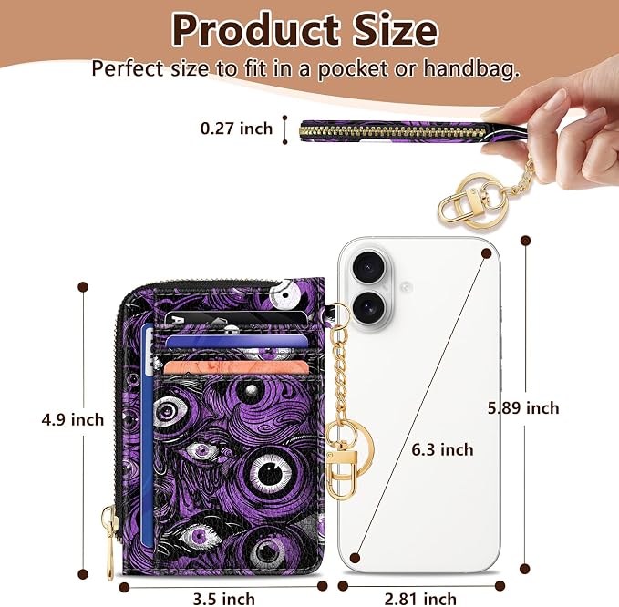 GIANCOMICS Slim Wallet Credit Card Holder Women, Evil Eye Rfid Blocking Small Card Case, Keychain Thin Pocket Curved Zipper Wallet, Travel Card Holder PU Leather ID Window, Ladies Female Gifts