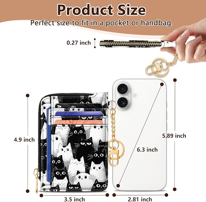GIANCOMICS Slim Wallet Credit Card Holder Women, Cats Rfid Blocking Small Card Case, Keychain Thin Pocket Curved Zipper Wallet, Travel Card Holder PU Leather ID Window, Ladies Female Gifts