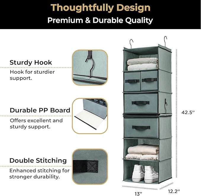 SMIRLY 6 Shelf Hanging Closet Organizer Hanging Shelves, Closet Hanging Organizer with 2 Sturdy Hooks for Wardrobe, Nursery, Storage (Grey, Separate)