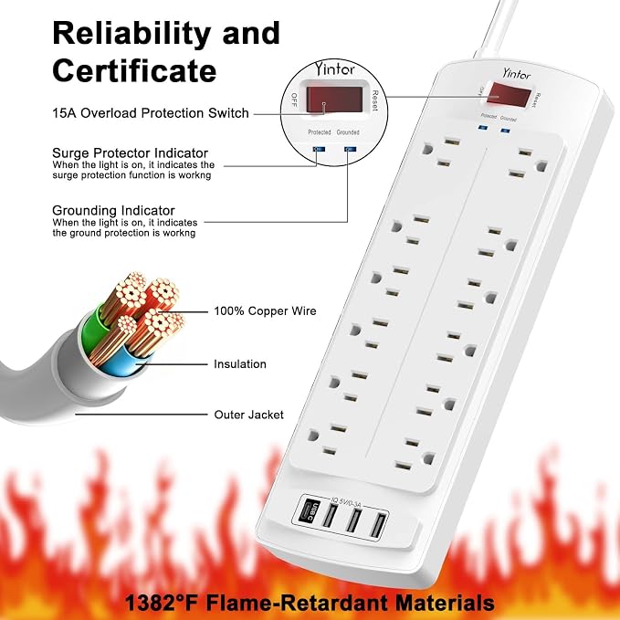 6 Feet Extension Cord Power Strip, Yintar Surge Protector with 12 AC Outlets and 4 USB Ports, 2700 Joules, ETL Listed, White