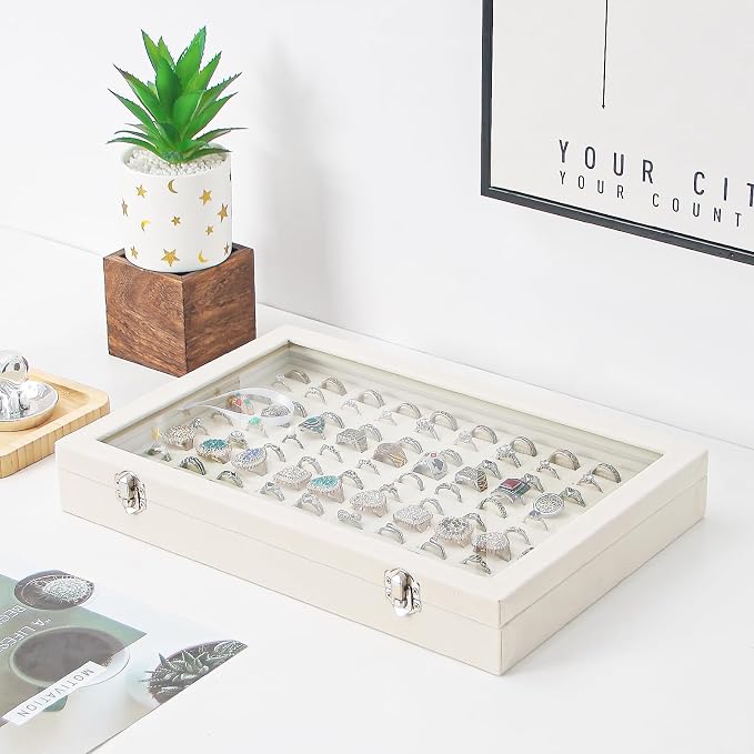 Coward Ring Organizer Jewelry Box, Beige Velvet 100 Slots Ring Display Tray Case with Transparent Glass Lid for Home Use or Store Selling Show