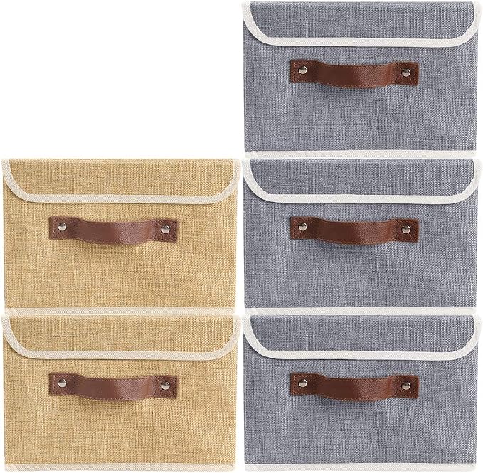 2Pack Storage Bins Boxes with Lids 10" x 8" x 7" Decorative Storage Baskets | Cotton Linen Fabric, Collapsible, Faux Leather Handles, Storage Cubes, Closet Shelf Clothes Organizer Container, Grey