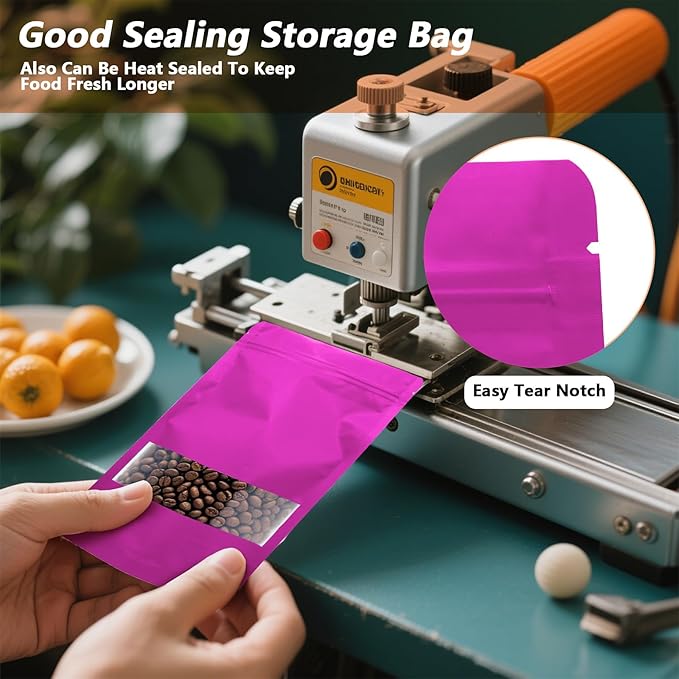 100PCS Foil Pouch Mylar Bags with Clear Window,ULIFESTAR Stand Up Sealable Bags with Tear Notches,Resealable for Food,Party Favors,Gift Packaging and Small Business(14 * 20cm/5.51 * 7.87",Purple)