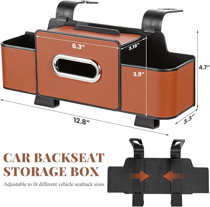 Car Back Seat Organizer, 3-in-1 Auto Seat Back Organizer with Tissue Box, Cup Holders & Hooks, Multifunctional Vehicle Backseat Hanging Organizers for Phones Drinks Handbags (Brown)